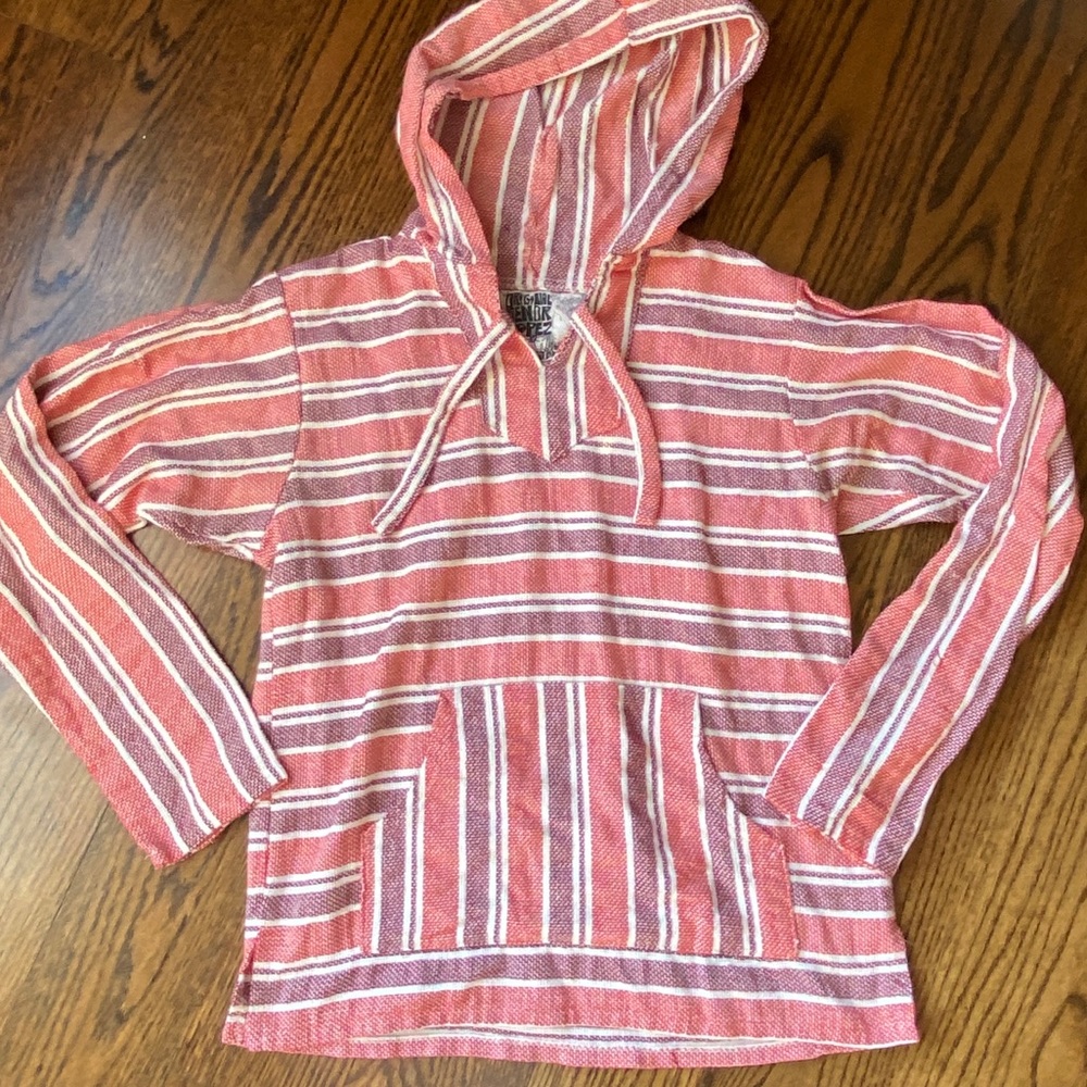 Striped Hooded Baja Pullover Hoodie in Coral Pink